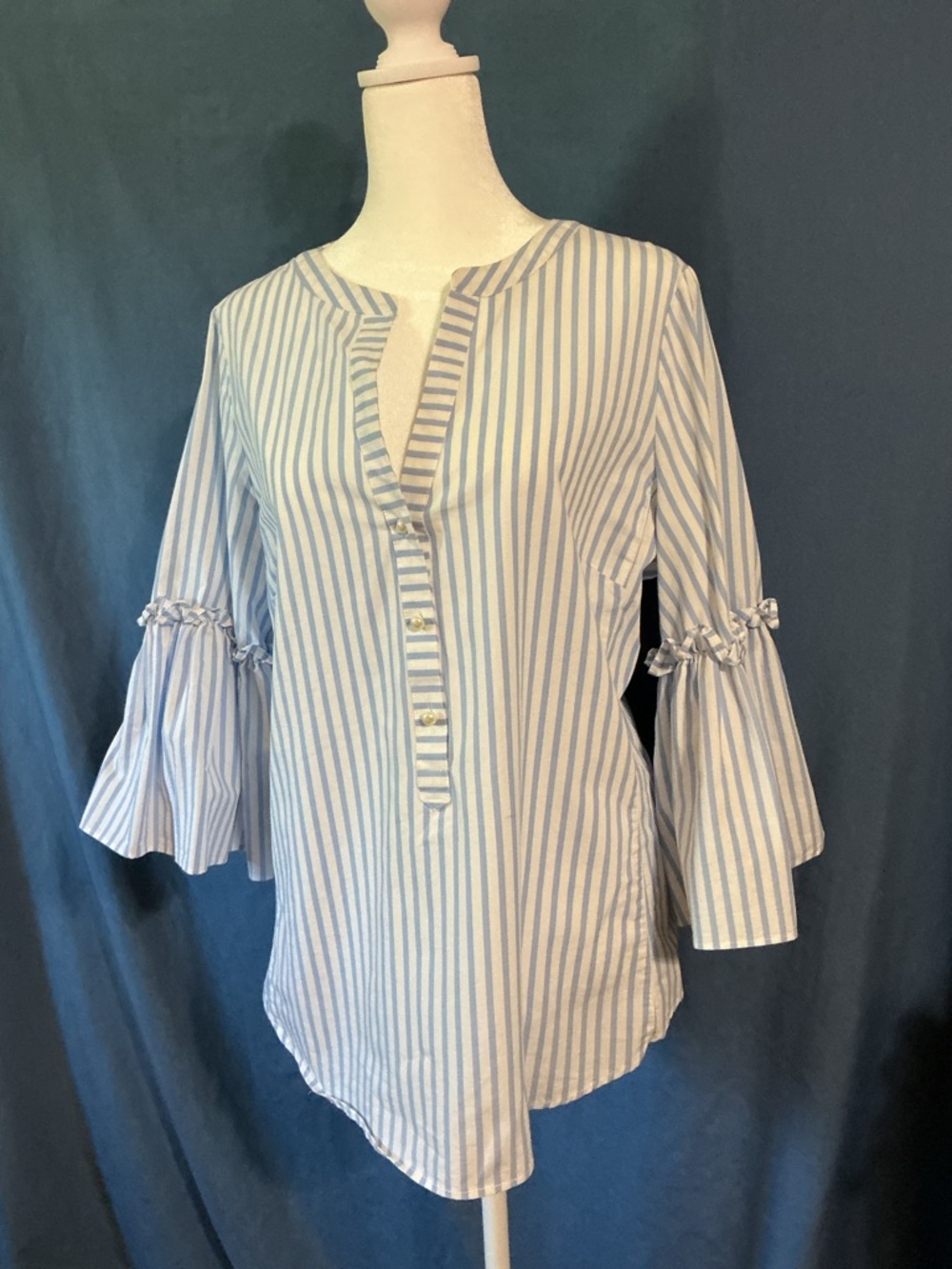 Blue and White Striped Bell Sleeve Blouse
